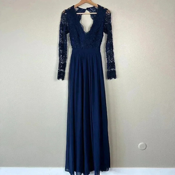 Lulus Maxi Dress Lace Long Sleeve V-Neck Formal Wedding Navy Blue Women's XS - Picture 2 of 10